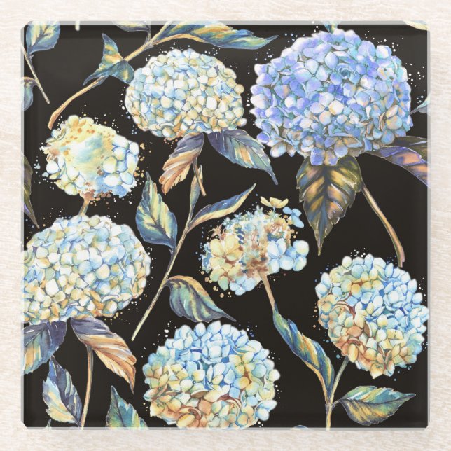Dessous-de-verre En Verre Aquarelle Blue Hydrangea : Motif foncé sans couleu (Devant)
