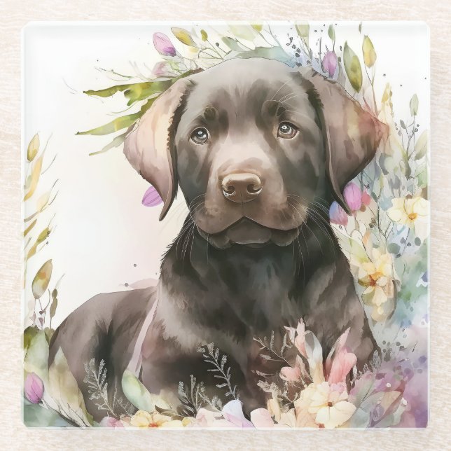 Dessous-de-verre En Verre Aquarelle Brown Labrador Retriever et Fleurs (Devant)