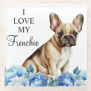 Dessous-de-verre En Verre Aquarelle chien français bouledogue et fleurs bleu