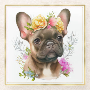 Dessous-de-verre En Verre Aquarelle chien français bouledogue et fleurs d'ét