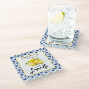 Dessous-de-verre En Verre Aquarelle Citrons Carrelage bleu Limoncello