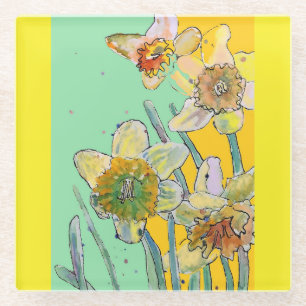 Dessous-de-verre En Verre Aquarelle Daffodique Fleur Floral Aqua Jaune