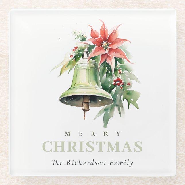 Dessous-de-verre En Verre Aquarelle de Noël Bell Pine Poinsettia Folithe (Devant)