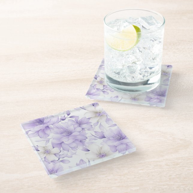 Dessous-de-verre En Verre Aquarelle délicate Fleurs violettes (Incliné)