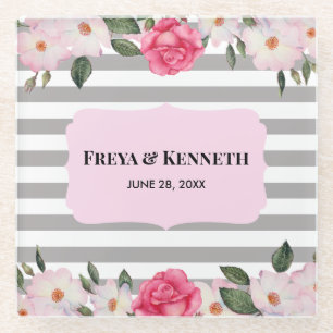 Dessous-de-verre En Verre Aquarelle Doux rose blanc Roses Mariage Floral