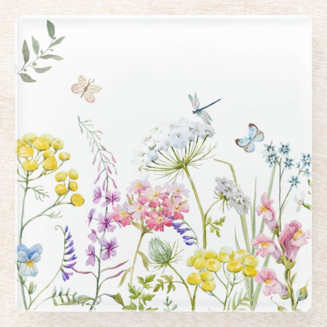 Dessous-de-verre En Verre Aquarelle Fleur sauvage prairie florale d'été (Devant)