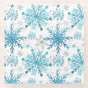 Dessous-de-verre En Verre Aquarelle flocon de neige d'hiver bleu et paillett