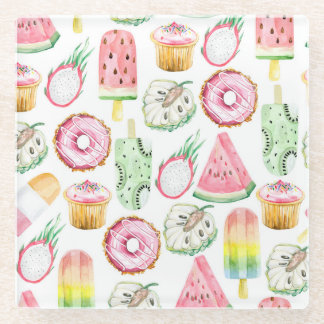 Dessous-de-verre En Verre Aquarelle fruits tropicaux, glace motif.