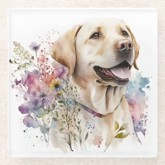 Dessous-de-verre En Verre Aquarelle Golden Labrador Retriever et Fleurs (Devant)