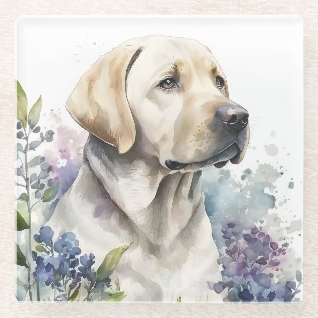 Dessous-de-verre En Verre Aquarelle Golden Labrador Retriever et Fleurs (Devant)