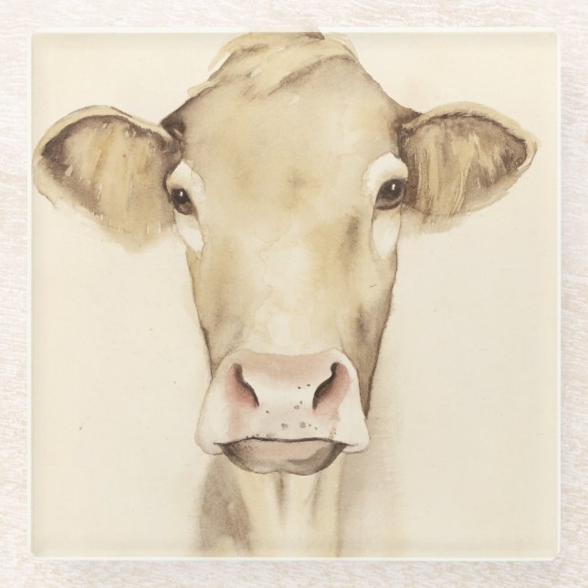 Dessous-de-verre En Verre Aquarelle Grange Animaux | Vache (Devant)