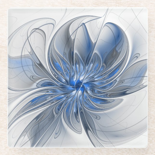 Dessous-de-verre En Verre Aquarelle gris bleu Abstrait Fractal Art Flower (Devant)