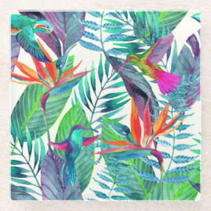 Dessous-de-verre En Verre Aquarelle Humminbirds dans la jungle 2