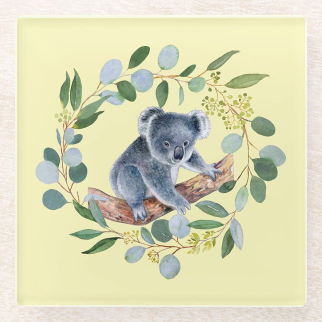 Dessous-de-verre En Verre Aquarelle Koala et couronne d'Eucalyptus (Devant)