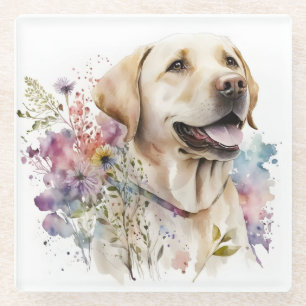 Dessous-de-verre En Verre Aquarelle Labrador Retriever doré et fleurs