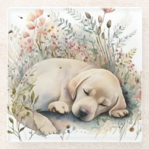 Dessous-de-verre En Verre Aquarelle Labrador Retriever doré et fleurs