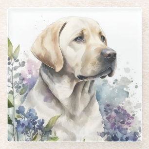 Dessous-de-verre En Verre Aquarelle Labrador Retriever doré et fleurs