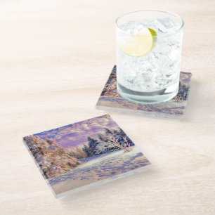 Dessous-de-verre En Verre Aquarelle moderne des arbres enneigés colorés