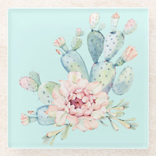 Dessous-de-verre En Verre Aquarelle Pastel Cactus et Fleur rose