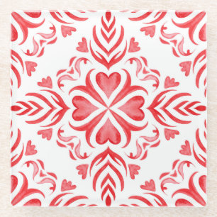 Dessous-de-verre En Verre Aquarelle rouge arabesque : motif ornemental.