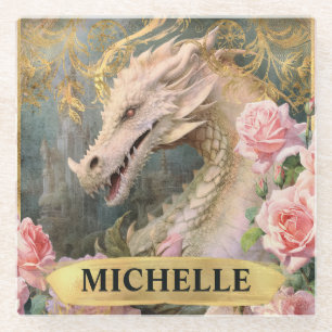 Dessous-de-verre En Verre Aquarelle Vintage Dragon blanc et Roses roses rose