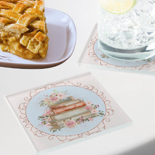 Dessous-de-verre En Verre Aquarelle Vintage rose roses et livres Floral