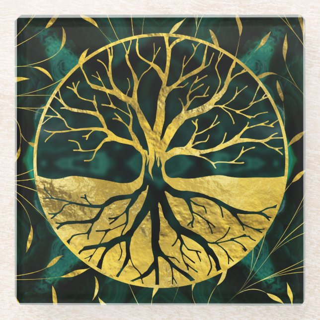 Dessous-de-verre En Verre Arbre de la vie d'or Yggdrasil sur la malachite (Devant)