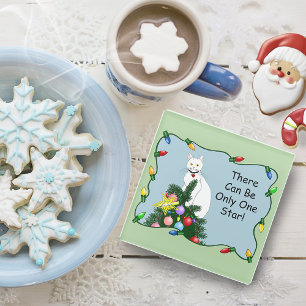 Dessous-de-verre En Verre Arbre de Noël drôle et festif Chat blanc drôle Ver