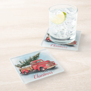 Dessous-de-verre En Verre Arbre de Noël vintage Red Truck