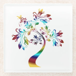 DESSOUS-DE-VERRE EN VERRE ARBRE FLORAL COLORÉ