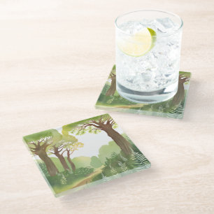 Dessous-de-verre En Verre Arbres de la forêt verte Aquarelle Naturelle Bel