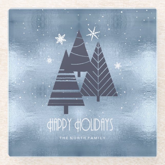 Dessous-de-verre En Verre Arbres de Noël et flocons de neige Blue ID863 (Devant)