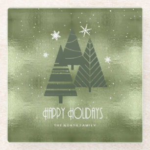 Dessous-de-verre En Verre Arbres de Noël et flocons de neige Green ID863