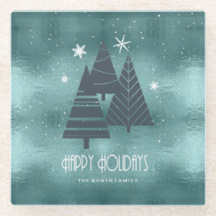 Dessous-de-verre En Verre Arbres de Noël et flocons de neige Turquoise ID863