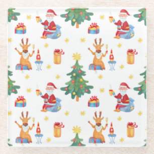 Dessous-de-verre En Verre Arbres de Noël, Père Noël : motif aquarelle.