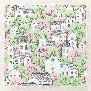 Dessous-de-verre En Verre Arbres, maisons, paysage de la ville de printemps
