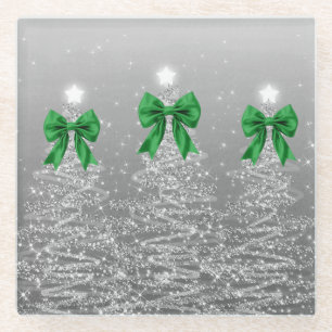 Dessous-de-verre En Verre Arbres scintillants de Noël argentés avec nœud fau