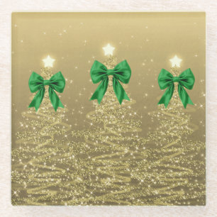 Dessous-de-verre En Verre Arbres scintillants de Noël Or avec Nœud en Vert F
