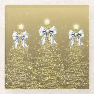 Dessous-de-verre En Verre Arbres scintillants de Noël Or Faux Ruban argenté