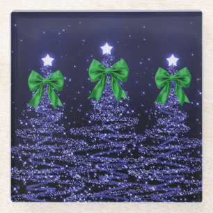 Dessous-de-verre En Verre Arbres scintillants de Noël ruban bleu marine vert