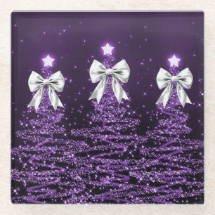 Dessous-de-verre En Verre Arbres scintillants de Noël violets avec un nœud e