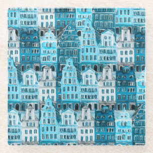 Dessous-de-verre En Verre Architecture d'Amsterdam, aquarelle bleue.