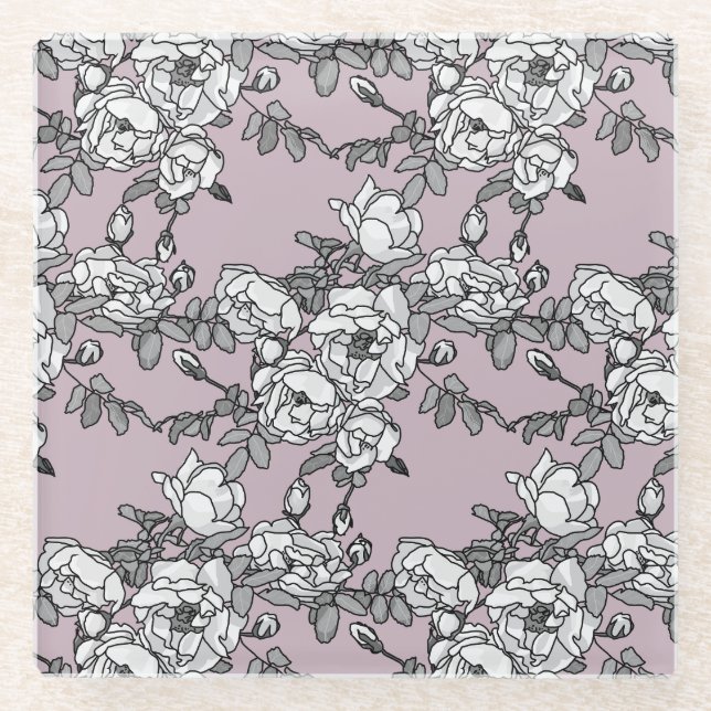 Dessous-de-verre En Verre arrière - plan de lavande de roses blanches (Devant)