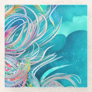 Dessous-de-verre En Verre Art abstrait de plage corail bleu