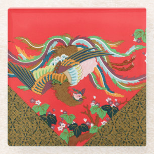 Dessous-de-verre En Verre Art de l'oiseau phénix japonais rouge vintage G.A.