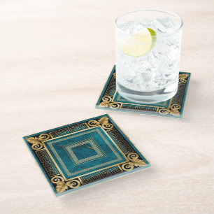 Dessous-de-verre En Verre Art Déco Floral Grec Sans Couture Marbre Bleu Coba