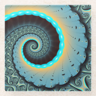 Dessous-de-verre En Verre Art fractal abstrait bleu turquoise orange Spirale