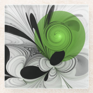 Dessous-de-verre En Verre Art fractal abstrait noir et blanc avec vert
