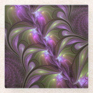 Dessous-de-verre En Verre Art fractal abstrait violet pourpre kaki coloré