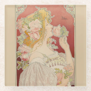 Dessous-de-verre En Verre Art Nouveau Belle Époque Dame Roses Livemont